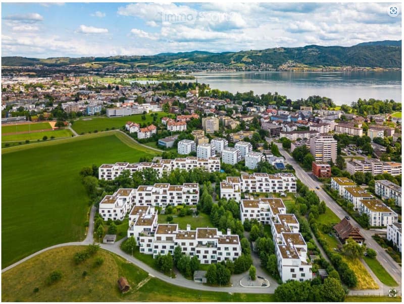 Aerial view of a residential area with multiple apartment buildings, green spaces, and a lake in the background.