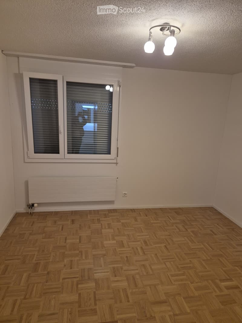 Empty room with wooden herringbone flooring, white walls, a double window with blinds, a radiator, and a ceiling light fixture.