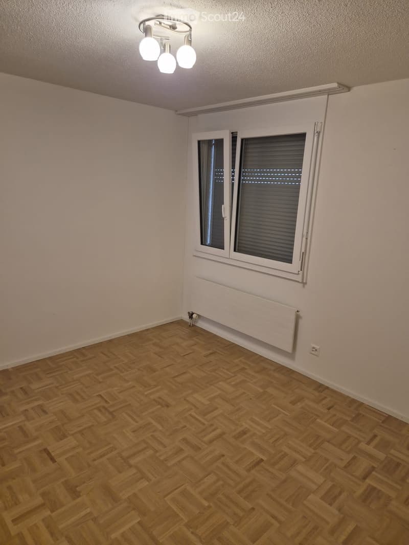 Empty room with wooden herringbone flooring, white walls, a window with blinds, a radiator, and a ceiling light fixture.