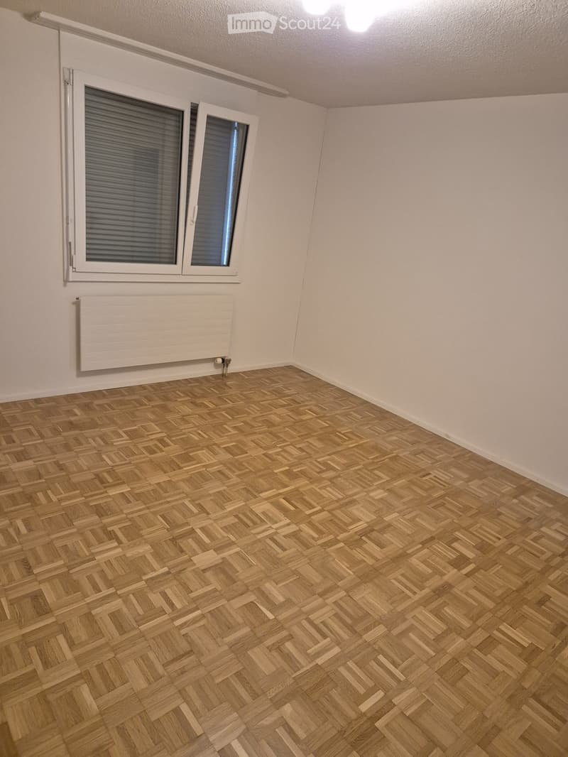 Empty room with wooden herringbone flooring, white walls, a window with blinds, and a radiator below it.