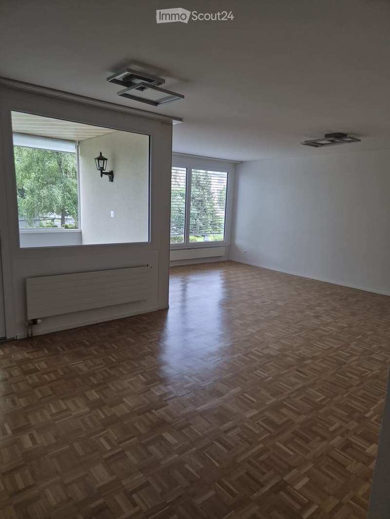 Empty room with wooden herringbone flooring, large windows, and modern ceiling lights.