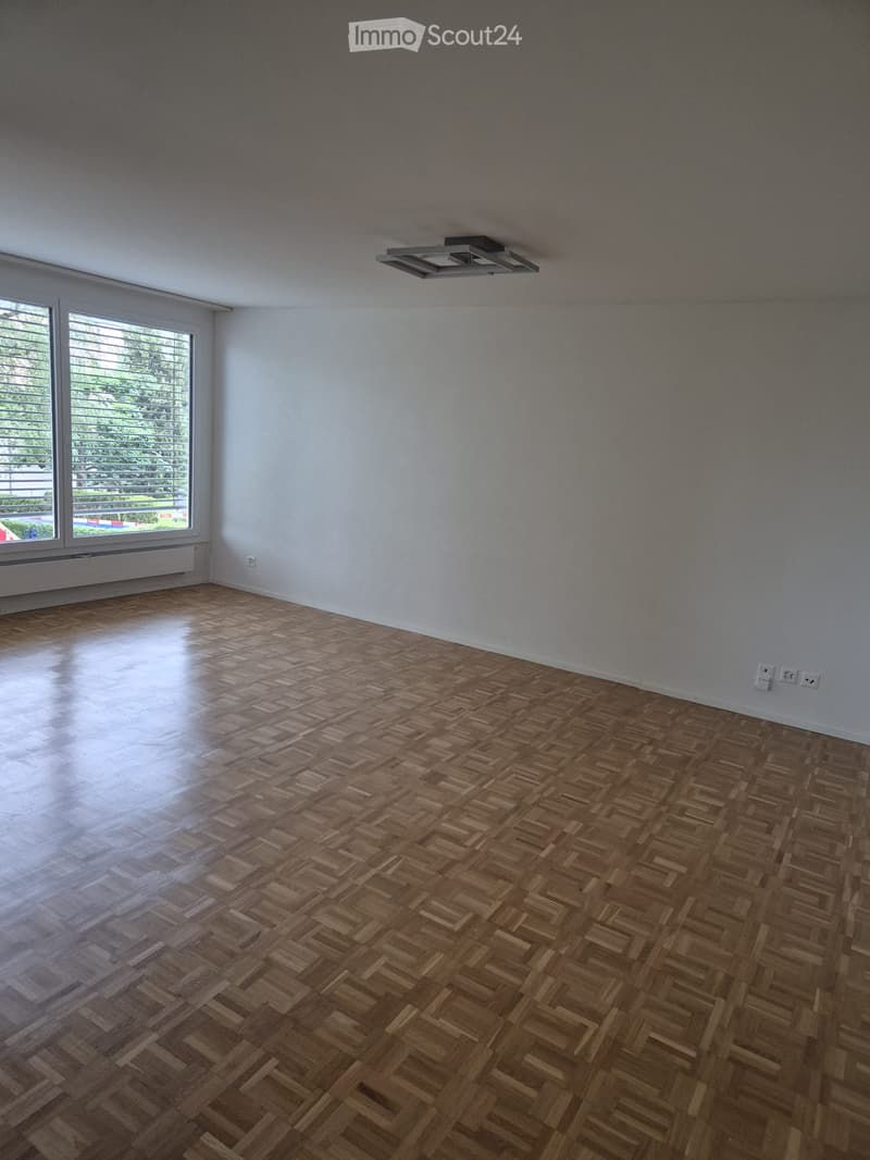 Empty room with wooden herringbone flooring, white walls, large windows with blinds, and a ceiling light fixture.
