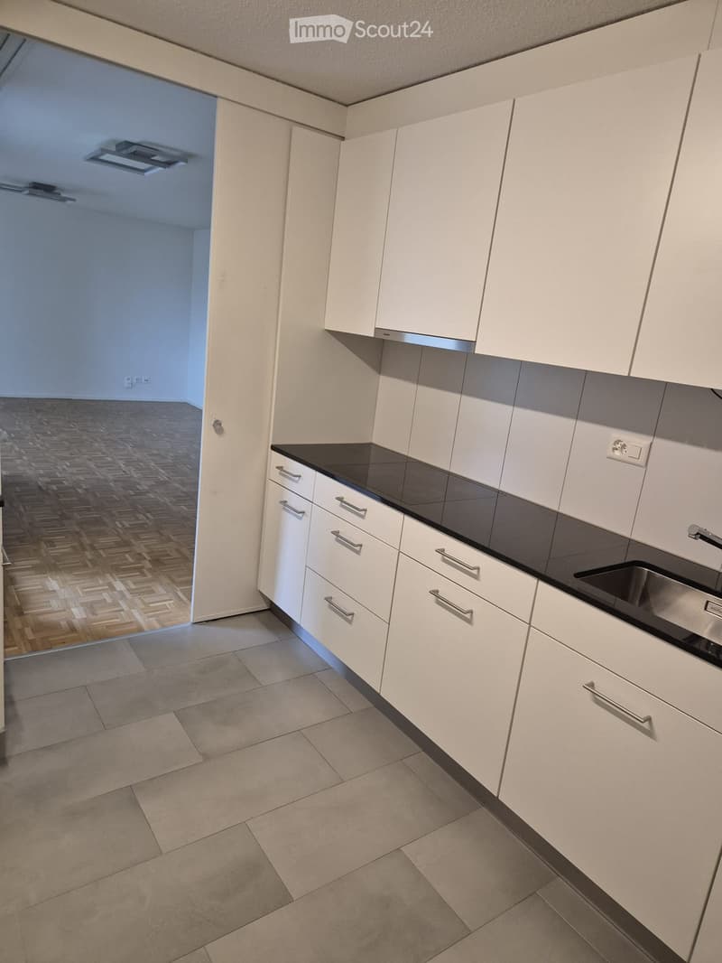 Empty kitchen with white cabinets, black countertops, and a stainless steel sink. The floor is tiled, and the adjacent room has wooden flooring.