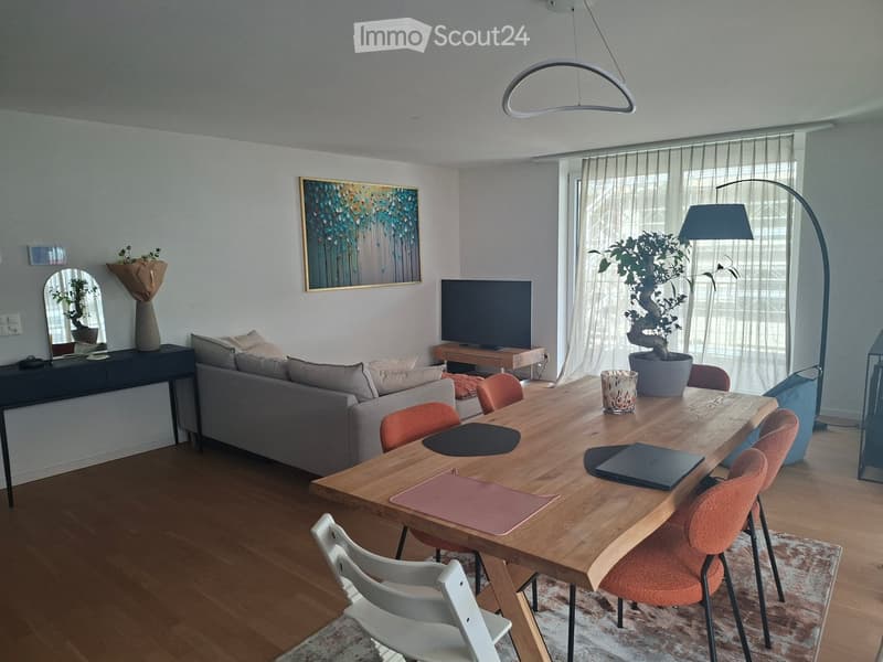 Modern living room with a grey sofa, wooden dining table, colorful chairs, laptop, large window with sheer curtains, floor lamp, and decorative items.