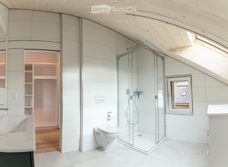 Modern bathroom with white tiles, a glass-enclosed shower, toilet, sink, and built-in cabinetry. Features a skylight window and wooden flooring in the adjacent area.