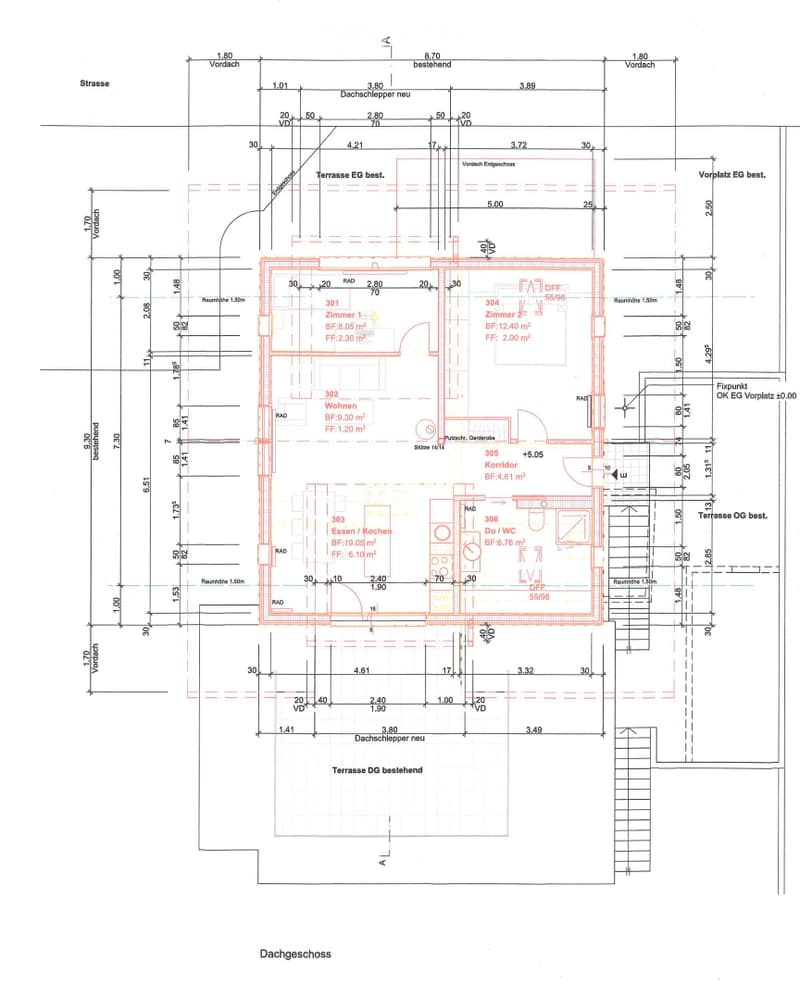 Floor plan of a two-story house with living room, kitchen, bedrooms, bathrooms, and existing and planned terraces.