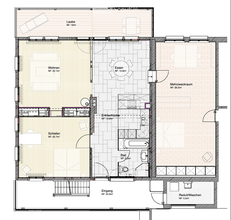 Floor plan showing a multi-room layout including a living area, dining area, bedroom, bathroom, entrance, and utility space.