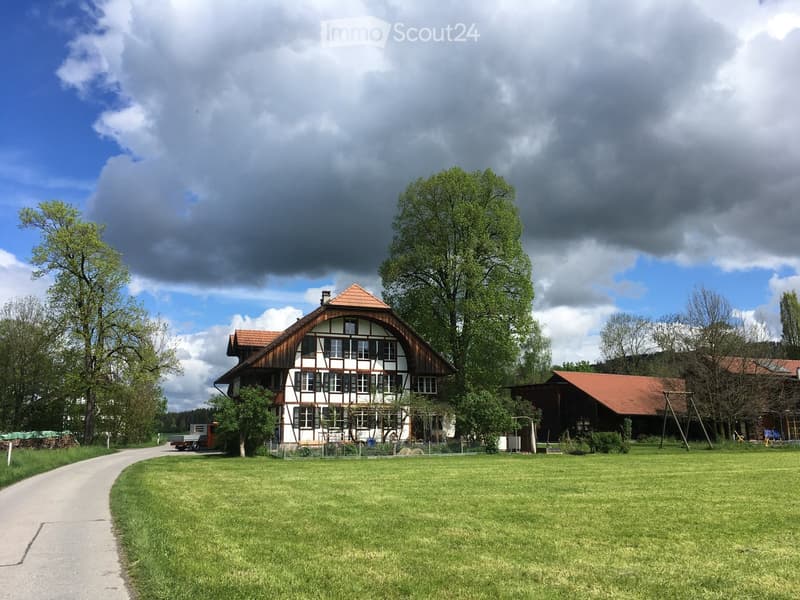 Traditional two-story house with a pitched roof, surrounded by a grassy lawn and trees.