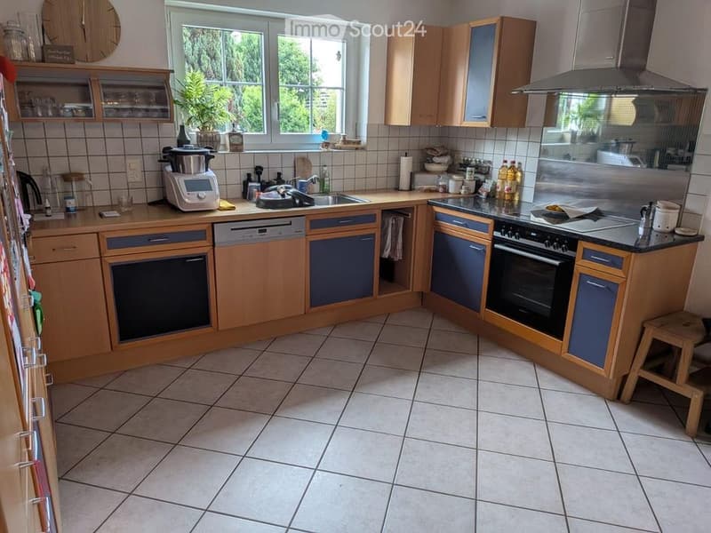 A modern kitchen with light wooden cabinets, blue lower cabinets, tiled floor, and stainless steel appliances including an oven, dishwasher, and blender. A window with a plant on the sill provides natural light.