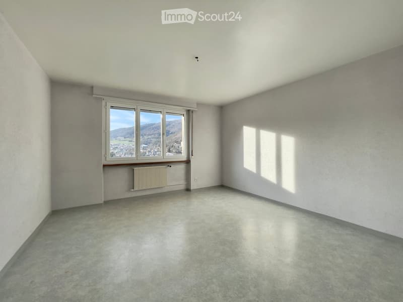 View to the mountains, white walls, white floor, a window, and a heater