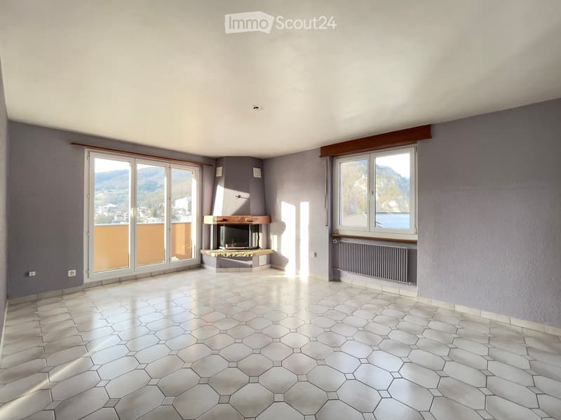 Tiled floor, fireplace, large windows, balcony, modern style, grey walls