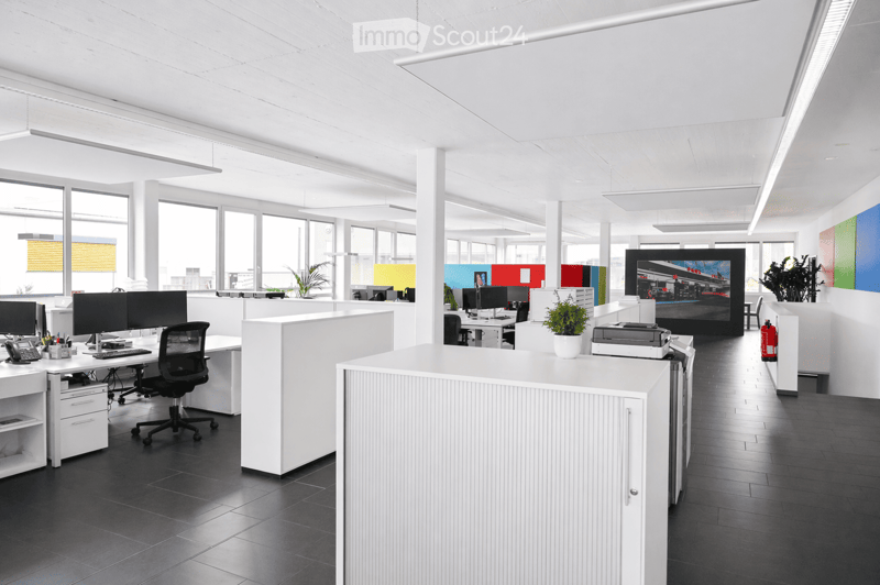 Modern office space with white desks, black chairs, computer monitors, and a large screen displaying an image. The room features large windows with blinds, potted plants, and a fire extinguisher on the floor.