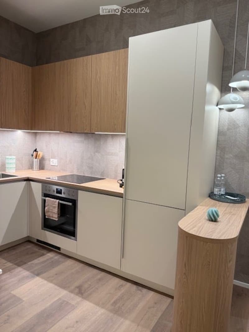Modern kitchen with light wood cabinets, stainless steel appliances, and a sleek countertop. Features include a refrigerator, oven, sink, and built-in lighting.