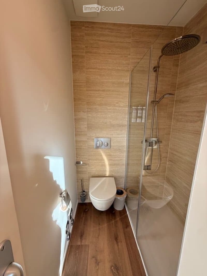 Modern bathroom with wooden flooring, white toilet, glass-enclosed shower, and a sleek showerhead.