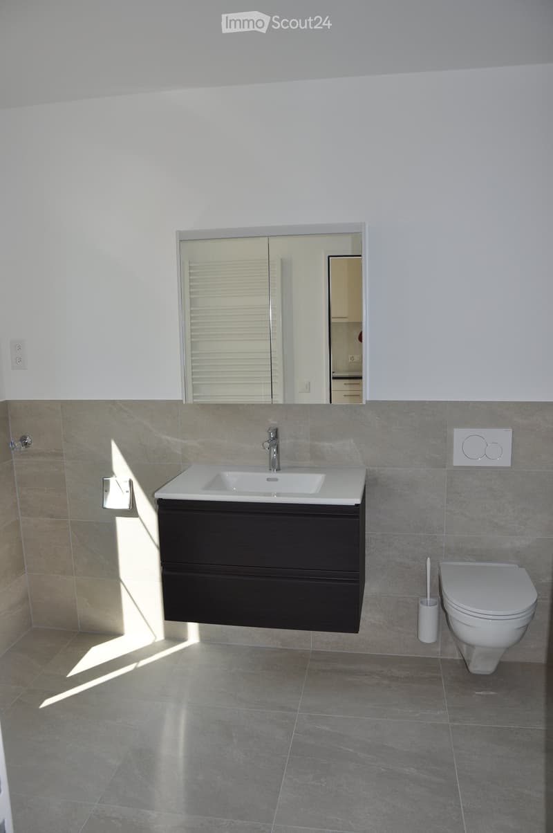 Modern bathroom with a white sink, dark wooden cabinet, chrome faucet, and a toilet. The walls are tiled in beige, and a large mirror is mounted above the sink.