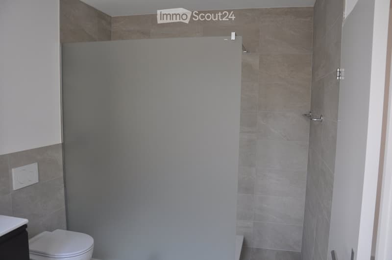 Modern bathroom with grey tiled walls and floor, a white toilet, and a glass shower enclosure.