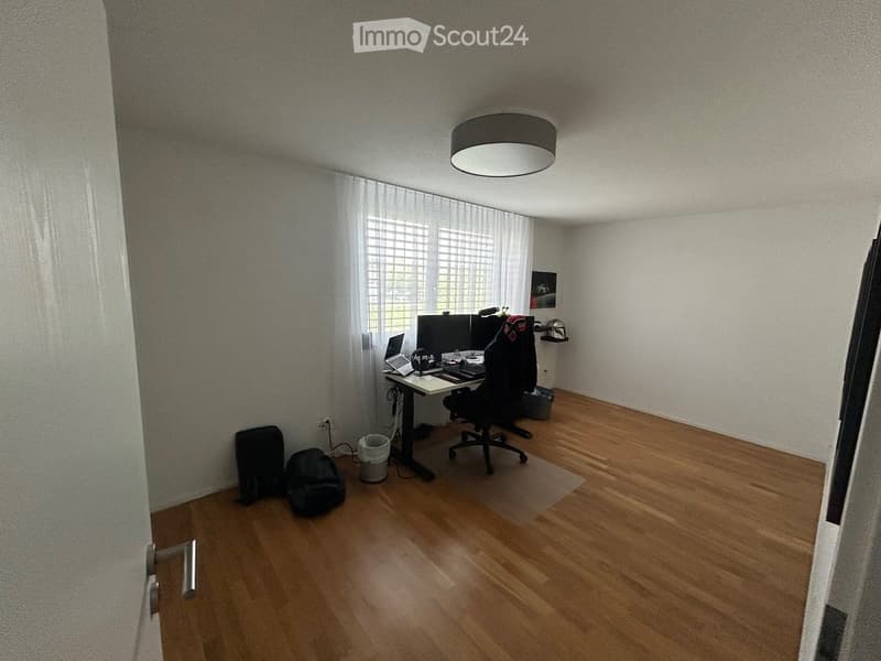 A modern, well-lit room with wooden flooring, a large window with white curtains, a desk with a laptop, a chair, and a screen. The room also features a round ceiling light and a picture frame on the wall.