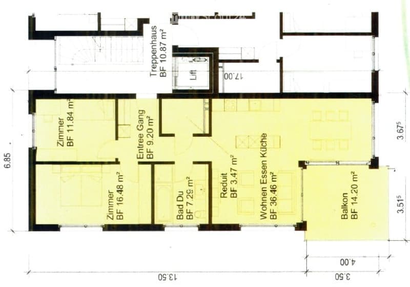 Floor plan of a residential unit showing a living room, kitchen, two bedrooms, hallway, and bathroom.