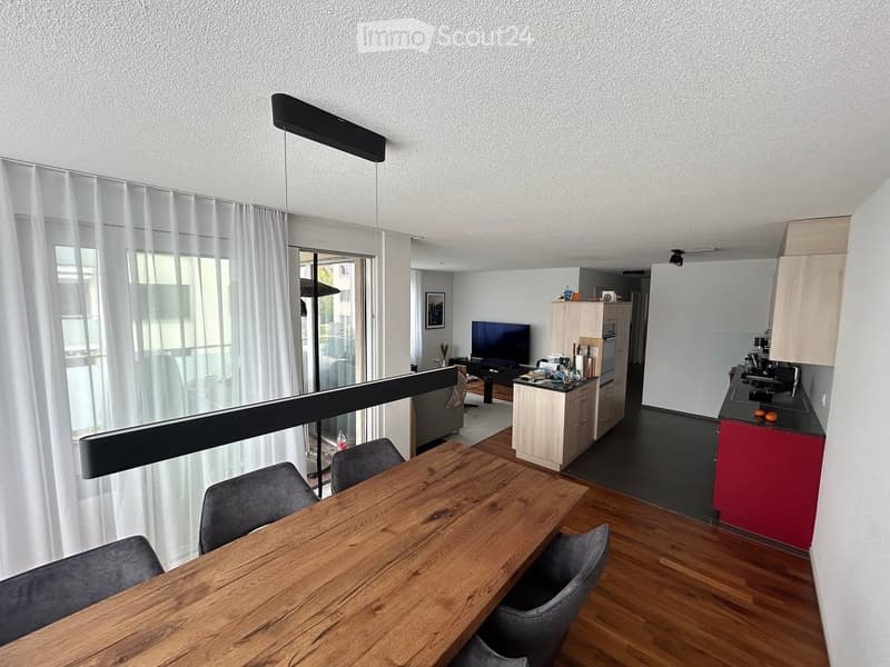 Open-plan living and dining area with a wooden dining table, chairs, a television, a small kitchen area with a sink, refrigerator, and a balcony with sheer curtains.