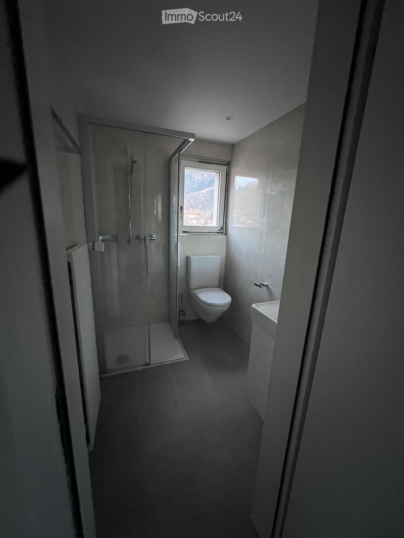 Bathroom with glass shower, toilet, and small sink