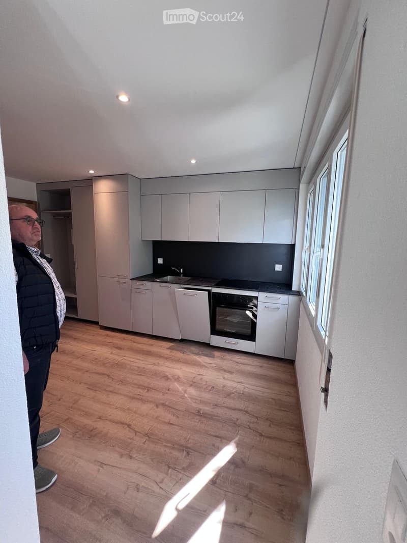 open plan kitchen with modern cabinetry, dishwasher, washing machine, kitchen appliances, large windows