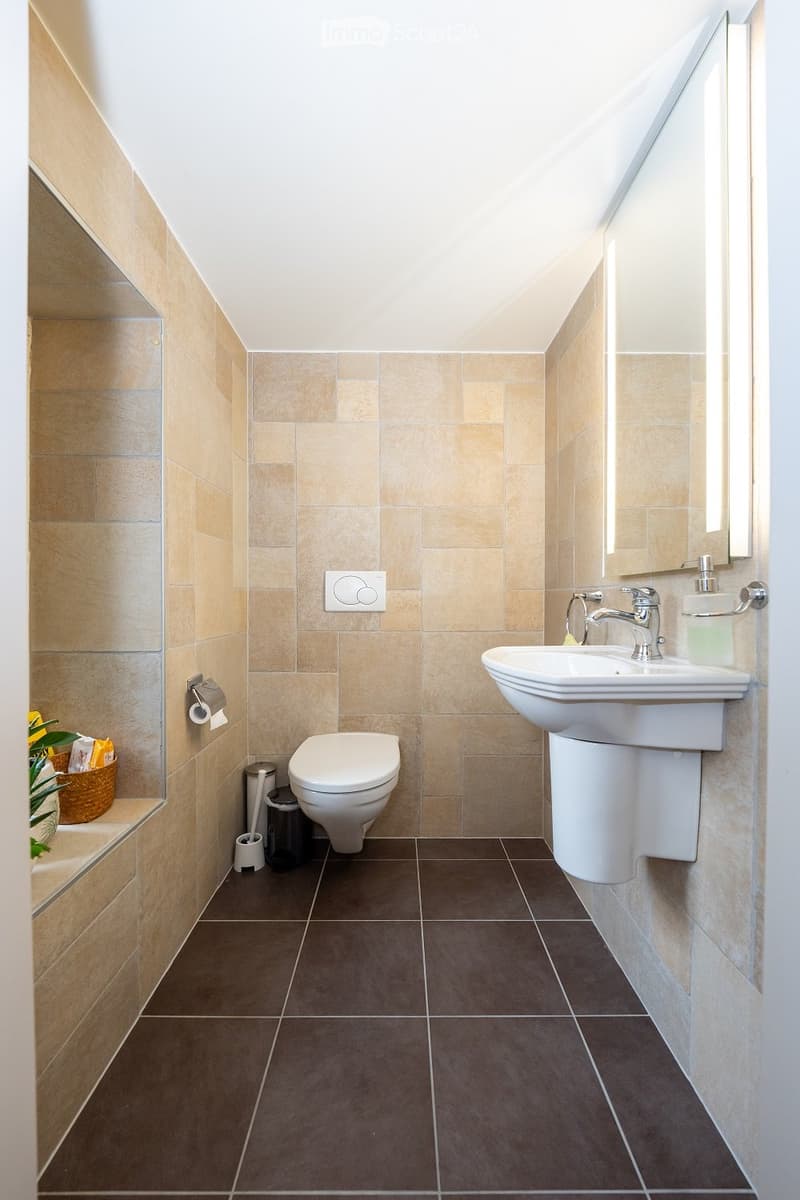 Modern bathroom with beige tiled walls, dark brown tiled floor, white toilet, white sink with chrome faucet, mirror, toilet paper holder, and small plant on shelf.