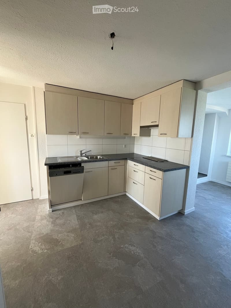 Modern kitchen with light-colored cabinets, a sink, a dishwasher, and a countertop. The space is clean and well-lit with a tiled backsplash and a dark countertop.