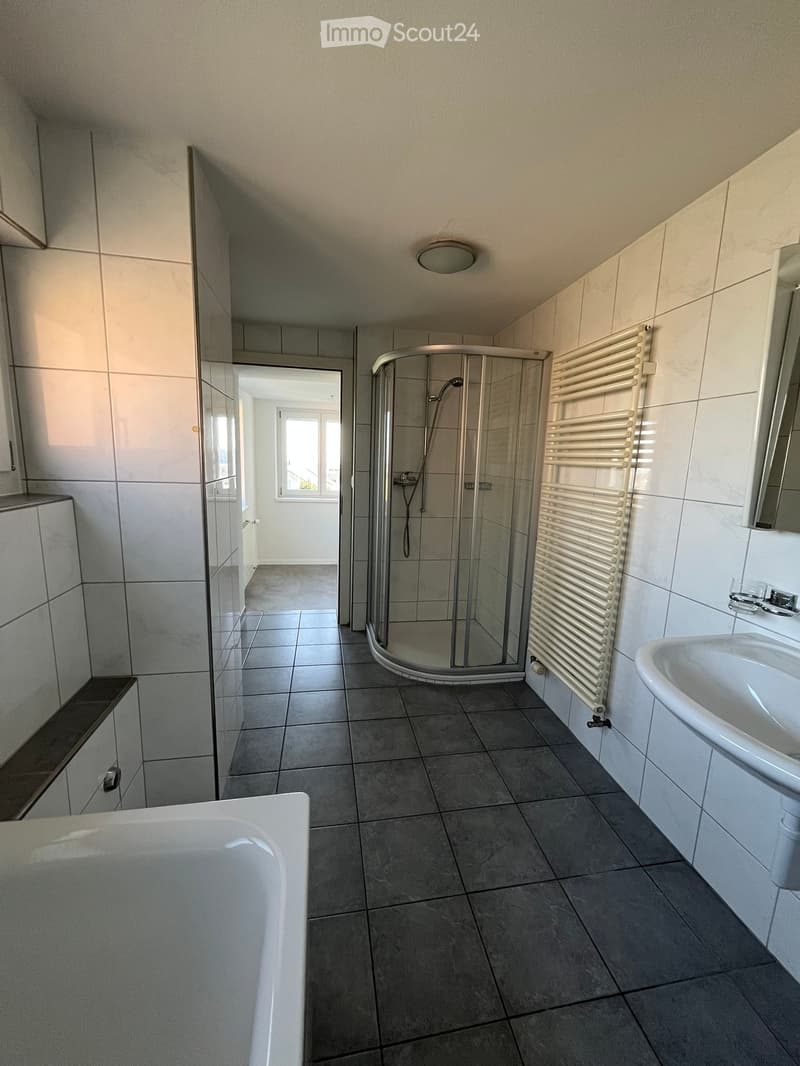 Modern bathroom with a bathtub, sink, glass-enclosed shower, radiator, and mirror. The space features tiled walls and floor, with a window providing natural light.