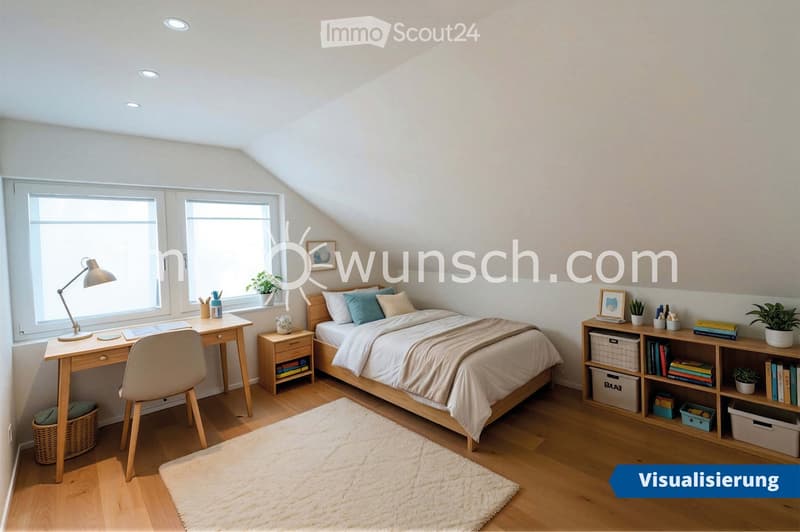 Bright, modern bedroom with wooden floors, large windows, a neatly made bed, a desk with a chair, a nightstand, and a shelf with books and storage boxes.