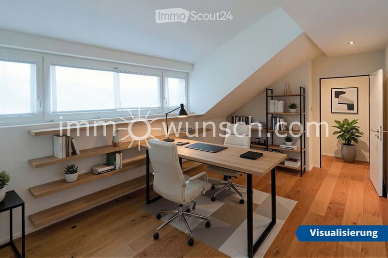 Bright, modern office space with wooden flooring, large windows, a sleek desk, ergonomic chair, built-in shelving, and decorative plants.
