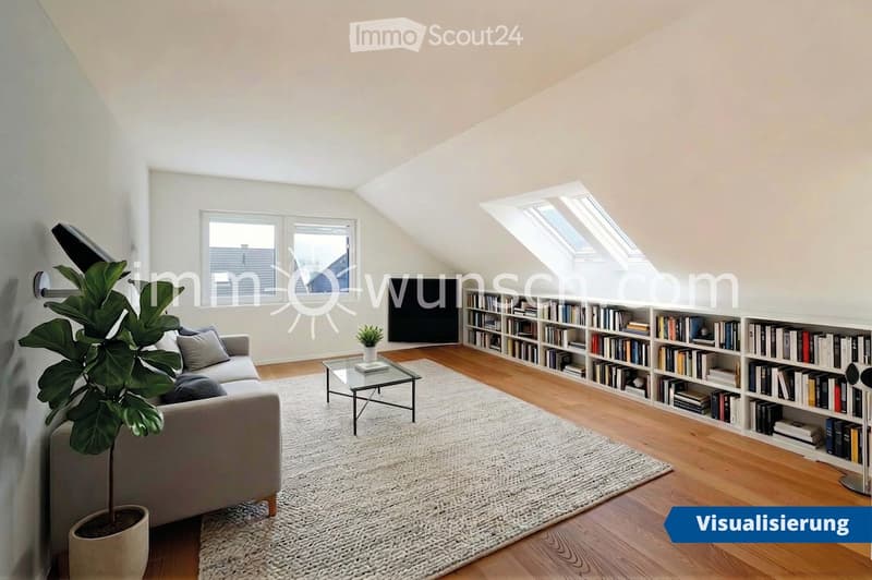 Bright living room with wooden flooring, large windows, skylights, a grey sofa, coffee table, bookshelf, potted plant, and television.