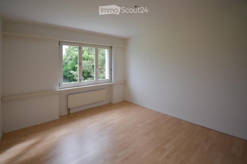 Empty room with light wooden flooring, white walls, and a large window with white frames. A radiator is visible below the window.