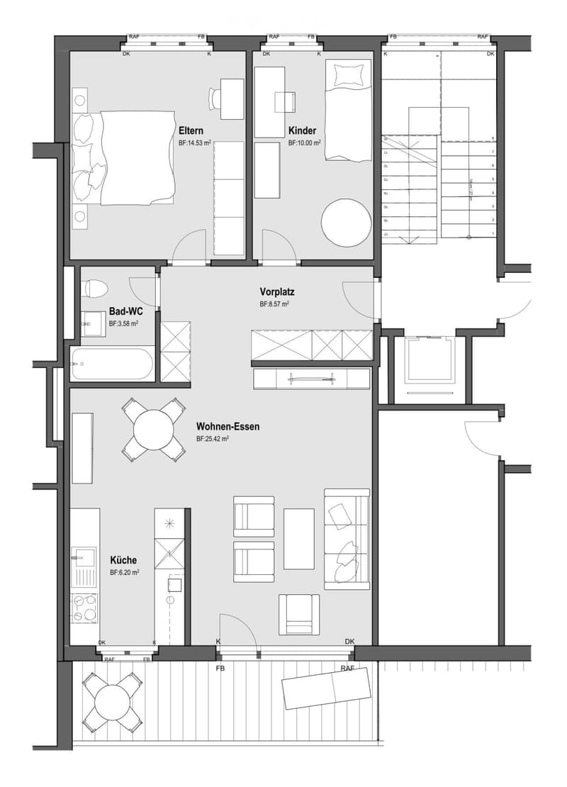 Floor plan of a house with labeled rooms including Eltern (parent bedroom), Kinder (children's room), Vorplatz (entrance area), Bad-WC (bathroom), Wohnen-Essen (living-dining area), and Küche (kitchen).