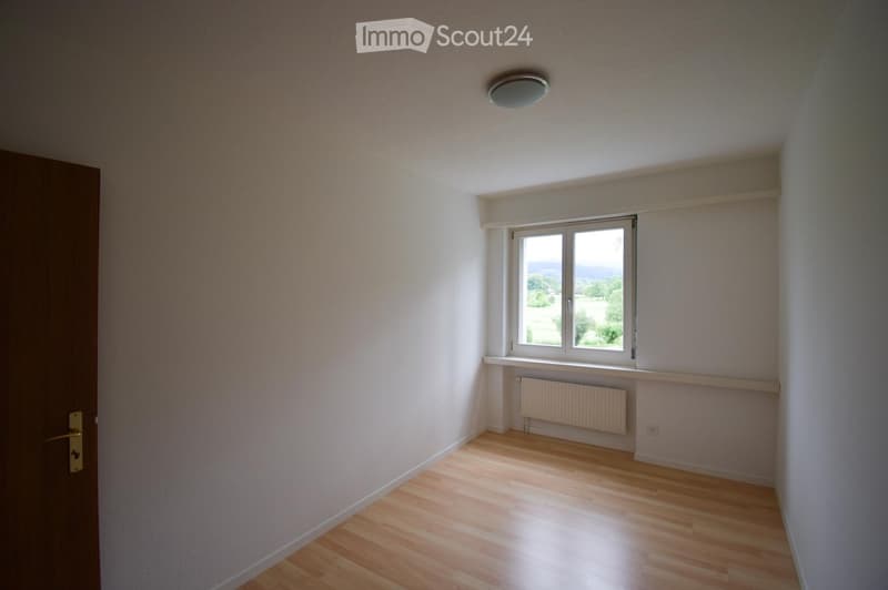 Empty room with wooden flooring, white walls, a single window with a view, a radiator, and a closed door.