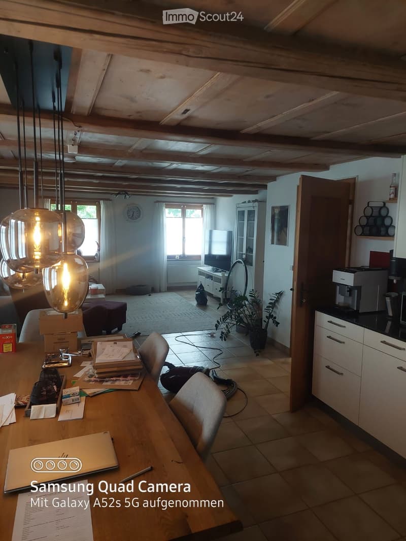 Furnished Room. Open-plan living and dining area with exposed wooden beams, pendant lights, a dining table with chairs, a laptop, a sofa, a television, a cabinet, and a kitchen area with cabinets and a printer.