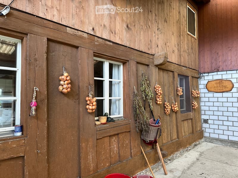 wooden house, raised ground floor, hanging onions and plants, red buckets