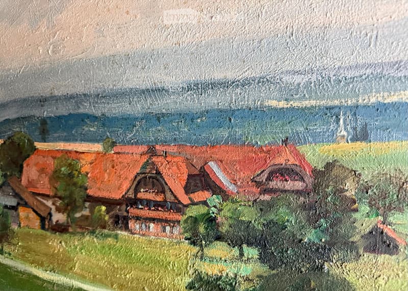 painting of a traditional house with red roof in a rural setting