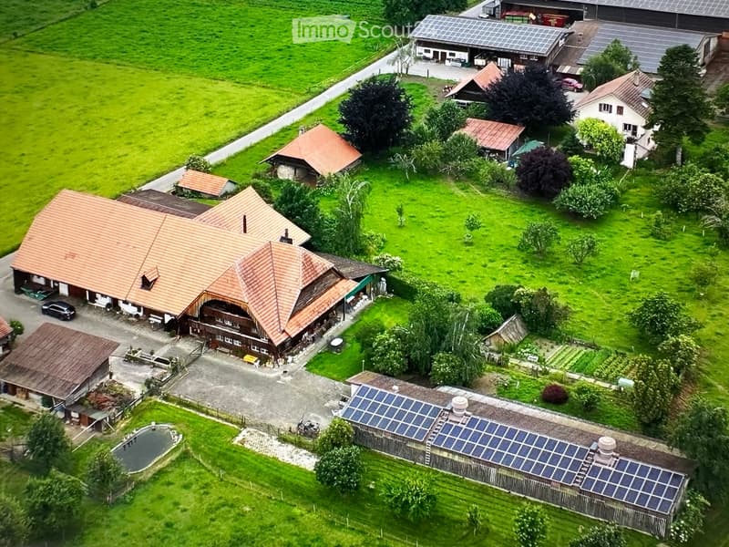 Farmhouse with many attached buildings, large roof covered with solar panels, a swimming pool in the lower right.