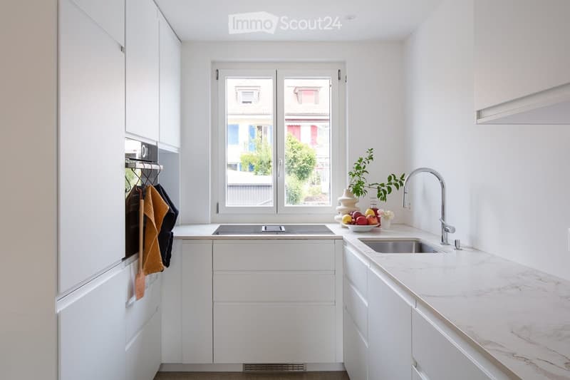 Modern white kitchen with double sink, marble countertops, and built-in cabinets. A bowl of fruit and a small plant are on the counter, and a towel hangs on the oven door.