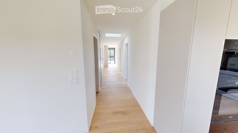 Modern hallway with light wooden flooring, white walls, recessed lighting, and a glass door at the end leading to an outdoor area.
