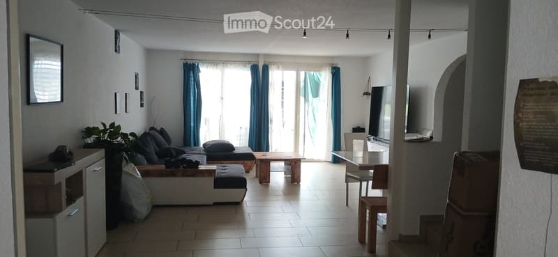 Bright living room with a sofa, coffee table, ottoman, dining table, chairs, and a plant. Large windows with blue curtains let in natural light.