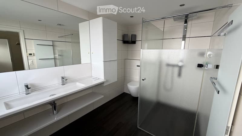 Modern bathroom with white tiles, double sink, large mirror, toilet, and glass-enclosed shower.