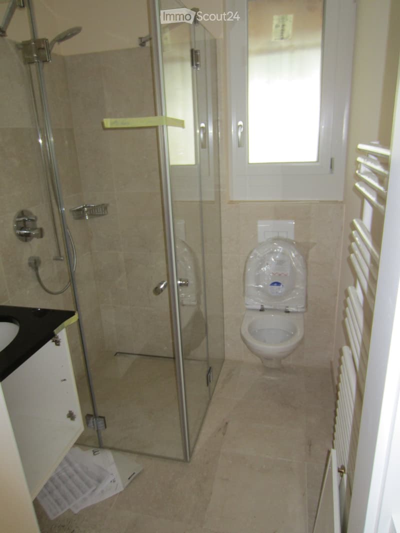 Modern bathroom with a glass-enclosed shower, toilet, sink, and radiator. Light-colored tiles and a window provide natural light.
