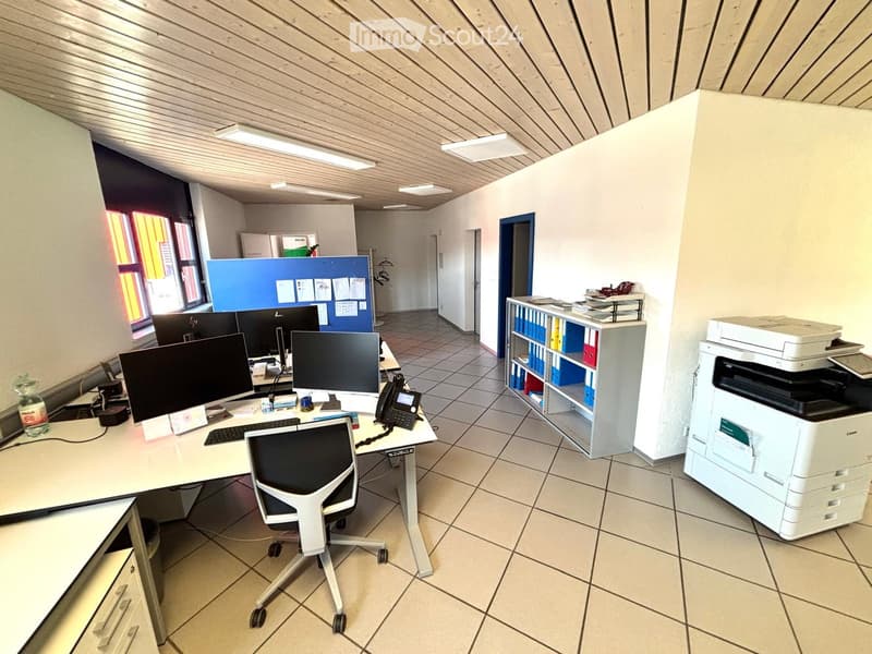 Office space with desks, chairs, multiple computer screens, a printer, and a shelf with binders.