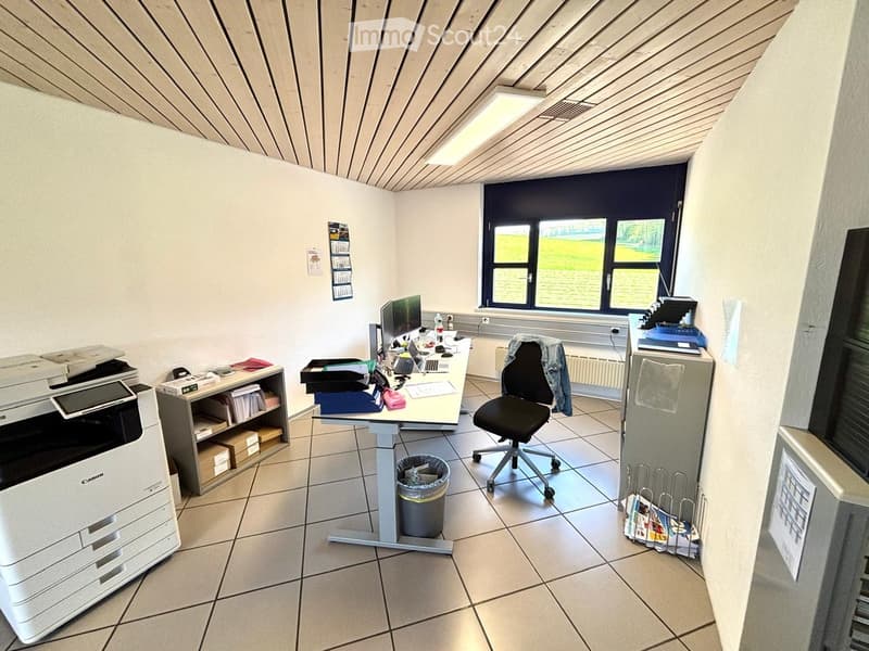 Office space with a desk, chair, laptop, printer, screen, calendar, filing cabinet, and trash bin. Large windows provide natural light.