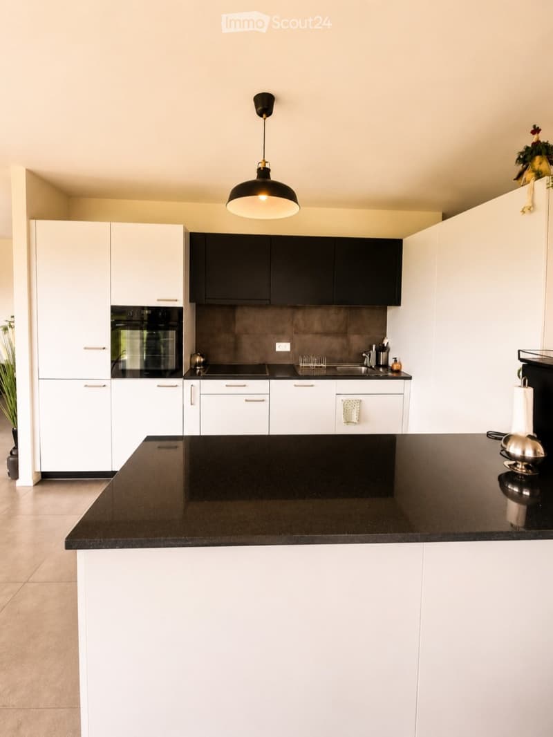 Modern kitchen with white cabinets, black countertops, and stainless steel appliances. Features a central island with a black countertop, a pendant light fixture, and a sink with a faucet.