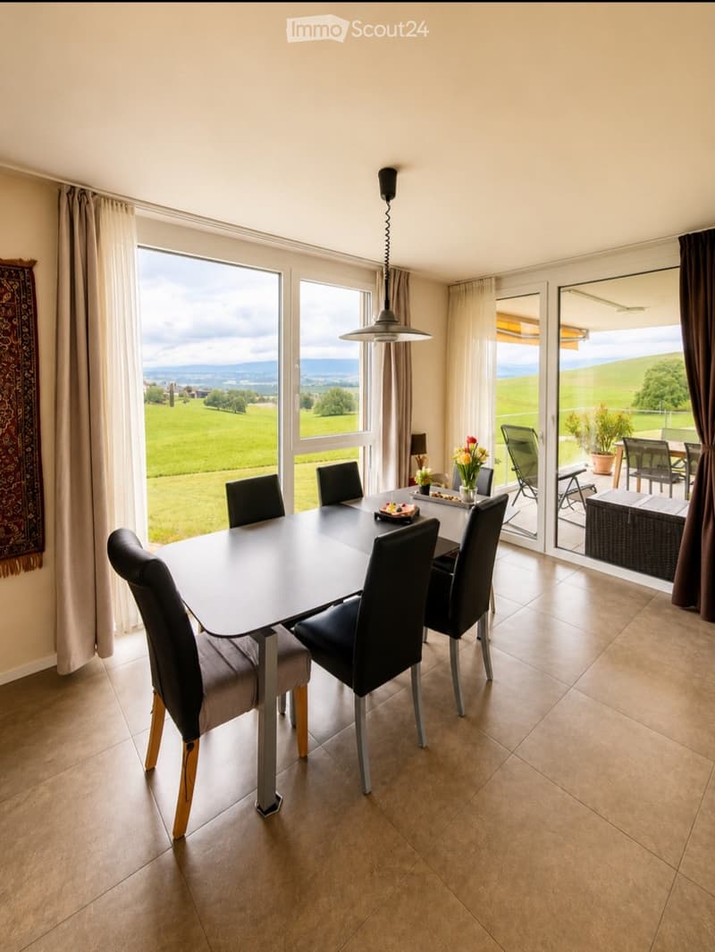 Dining room with a modern dining table and chairs, large windows overlooking a green landscape, and a view of an outdoor patio with additional seating.