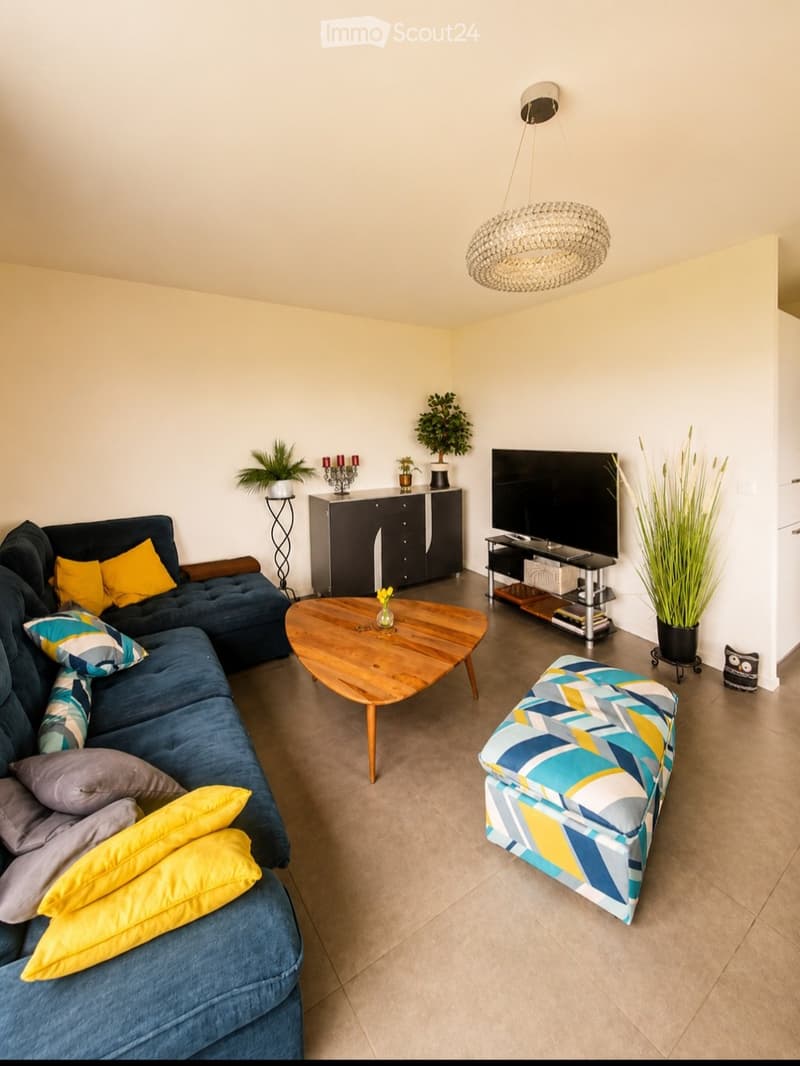 Modern living room with a blue sectional sofa, wooden coffee table, ottoman, flat-screen TV, and decorative plants.
