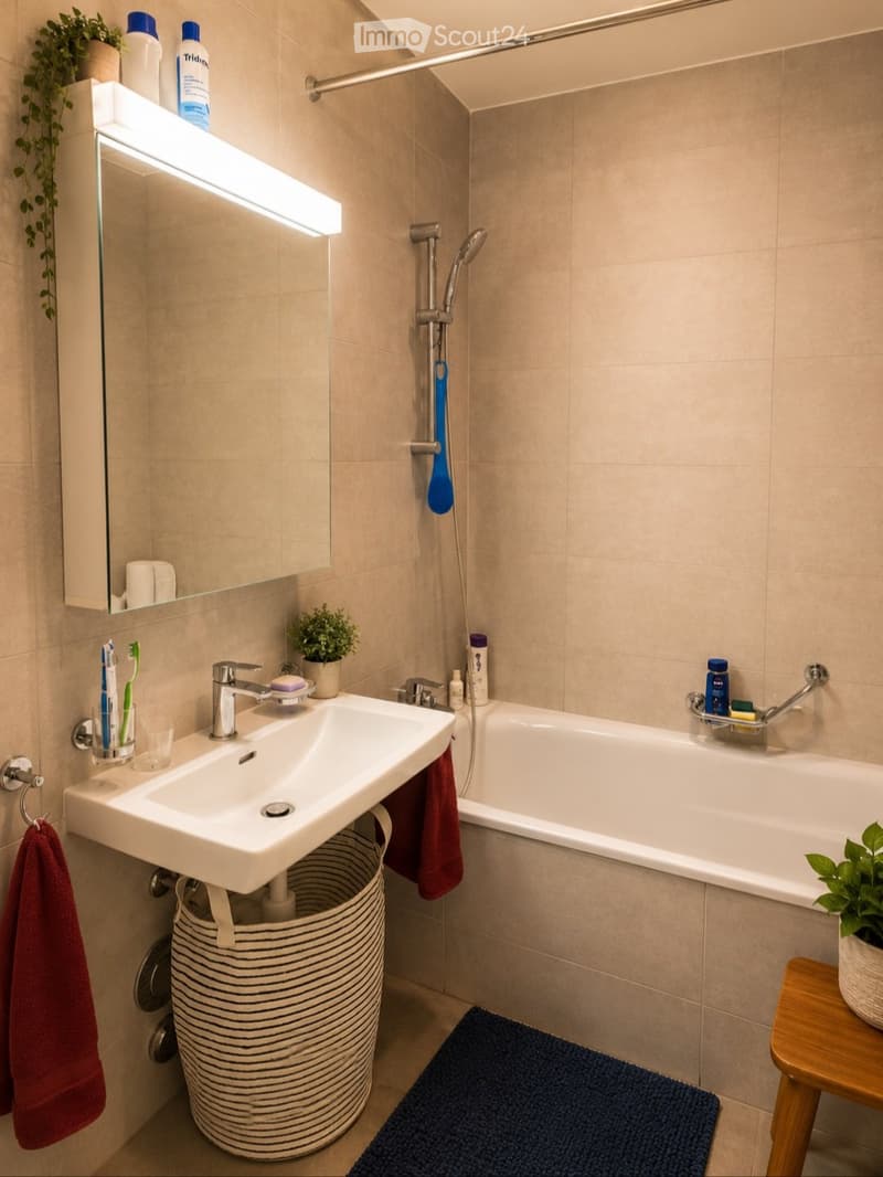 Modern bathroom with a white sink, bathtub, and shower area. Features include a toothbrush holder, a small plant, a towel, and a mirror with built-in lighting.