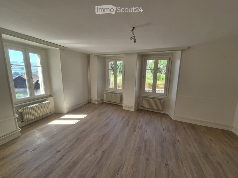 Empty room with wooden flooring, white walls, and multiple windows with radiators beneath them.